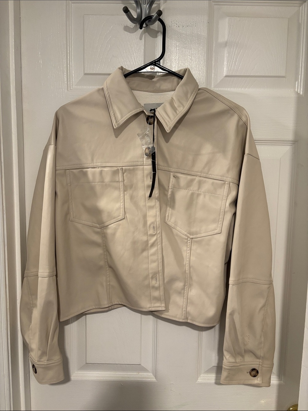 Love Tree Beige Faux-Leather Cropped Jacket